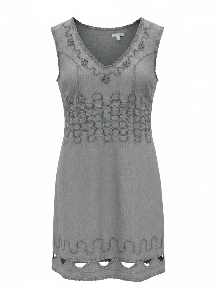 Gray Sleeveless V-Neck Crochet Trim Dress